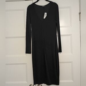 NWT JAMES PERSE Long Sleeve Black Midi Dress V-neck With Slits Viscose Sz 00